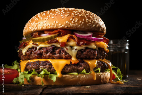 Delicious Burger and Fries: A mouthwatering burger with juicy beef patty, fresh lettuce, and cheese, accompanied by crispy french fries on a rustic wooden background, evoking a vintage concept
