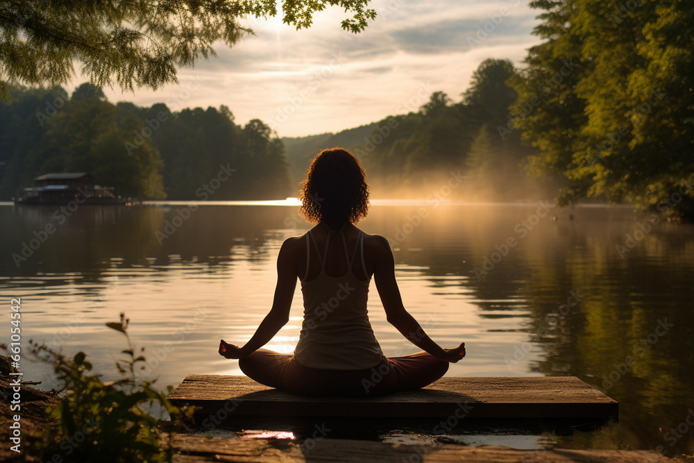 At a serene lakeside retreat, a woman extends her arms in a tranquil yoga pose, her armpit hair a testament to the authenticity and mindfulness that radiates from her in this peace 
