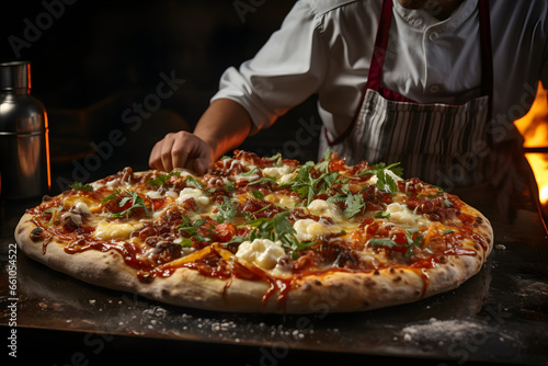 Mouthwatering pizza with cheese, sausage, cooked by skilled chef in cozy pizzeria.