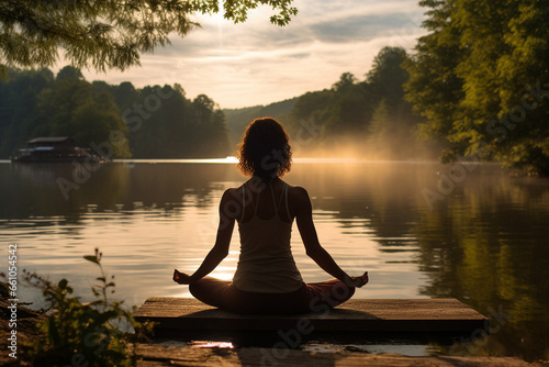 At a serene lakeside retreat  a woman extends her arms in a tranquil yoga pose  her armpit hair a testament to the authenticity and mindfulness that radiates from her in this peace 