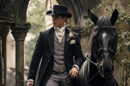 Amidst the enchanting backdrop of a castle courtyard, a dapper man dons a top hat and stylish riding attire while astride a noble steed, perfectly blending vintage charm with timel  © Maksym