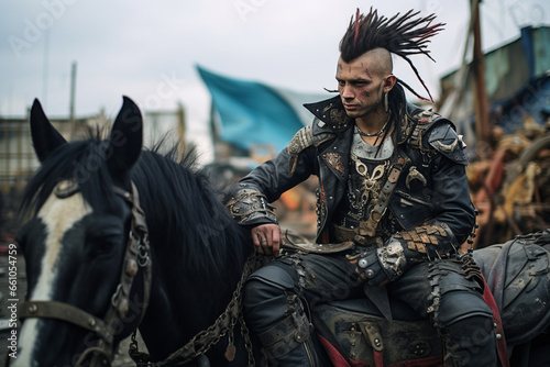 In a post-apocalyptic wasteland, a punk-clad man rides a horse, his leather jacket adorned with spikes, studded boots, and colorful, anarchic accessories reflecting his bold and re  photo