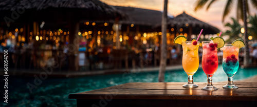 Fototapeta Naklejka Na Ścianę i Meble -  Cocktails at a beach bar at tropical resort in the evening. Summer vacation background, website header, banner for travel, tourism, holidays, beach bar, resort, party at night. Generative AI.