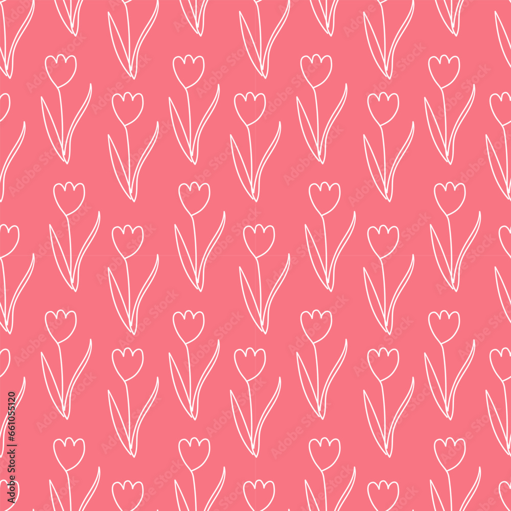 Seamless pattern white contour flowers tulips on a pink background, continuous line. Doodle vector illustration for packaging, textile, wallpaper Seamless pattern white contour flowers tulips on a pink background, continuous line. Doodle vector illustration for packaging, textile, wallpaper