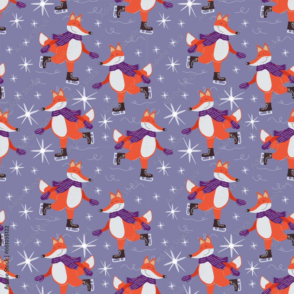 Seamless pattern of a happy fox in mittens and a scarf skating on the ice. Vector cartoon illustration, winter purple background for packaging, wallpaper