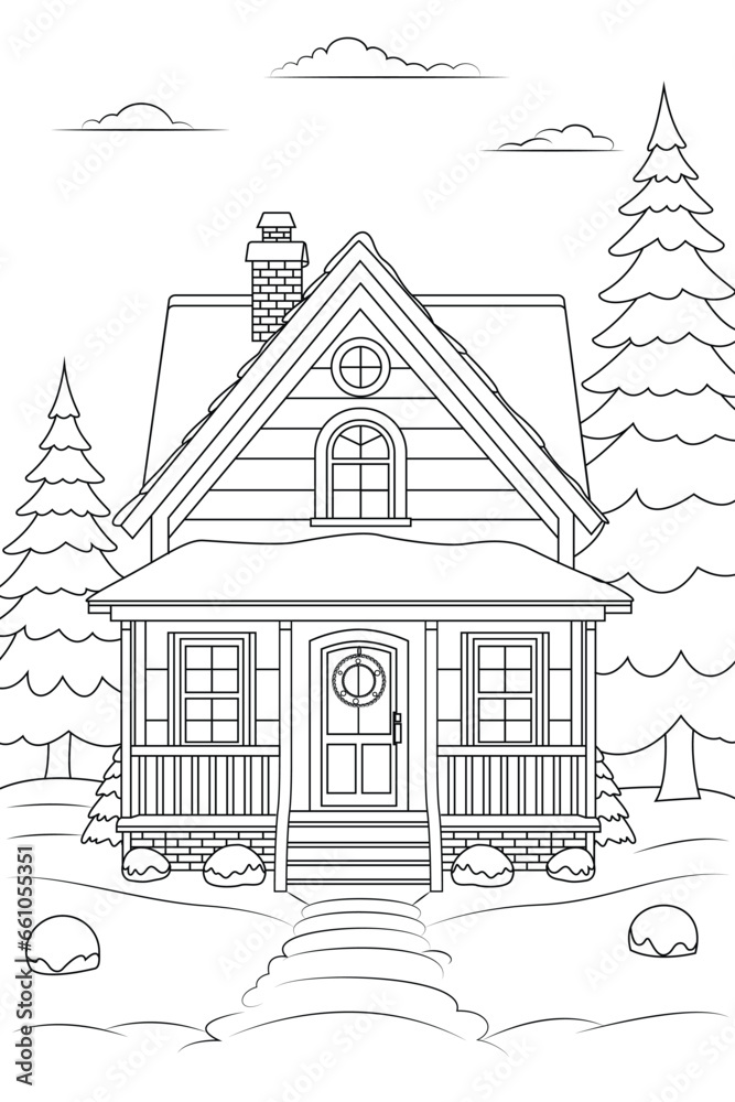 Coloring page a christmas house covered in snow. Coloring page a christmas house covered in snow.