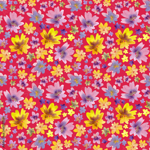 Seamless pattern of watercolor pink and yellow flowers. Hand drawn illustration. Botanical hand painted floral elements on Viva Magenta background.