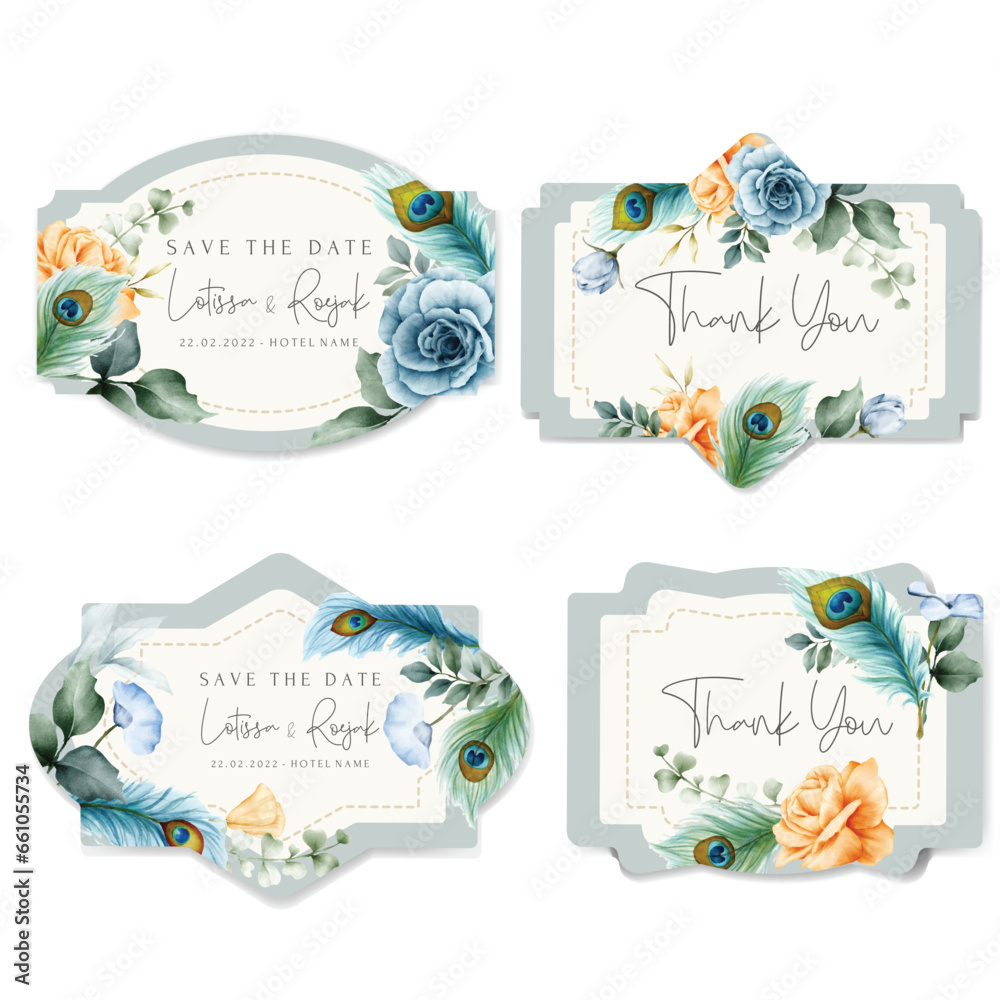 Naklejka premium beautiful floral label collection flower and peacock feather