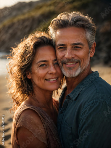 Middle-aged couple cherishing retirement on sunset beach, serene coastal paradise, embracing newfound freedom, copyspace banner, Generative AI