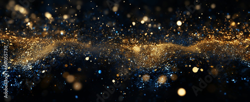 Blue, gold, and black abstract glitter lights banner with a soft focus