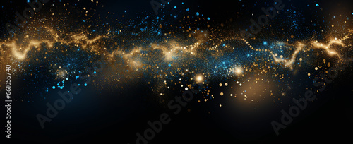 background of abstract glitter lights. blue, gold and black. defocused. banner