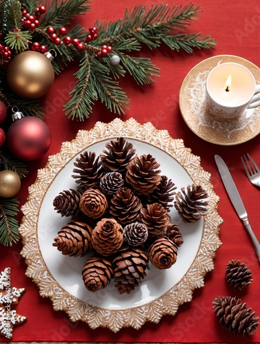 Photo Of Christmas Pinecone Decorations On A Festive Tablecloth With A Gingerbread Centerpiece