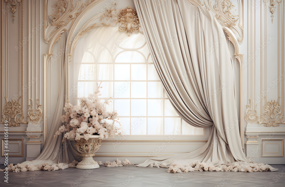 Wedding backdrop For Photography featuring luxurious drapery with a dark white and beige theme