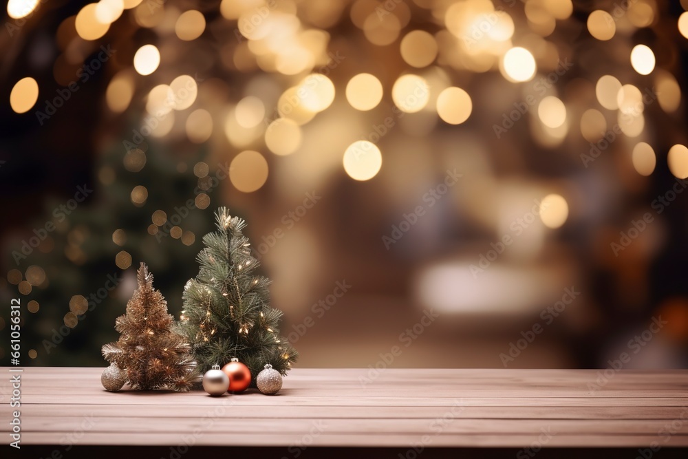 Empty christmas table background with christmas tree out of focus for product display montage, generative ai