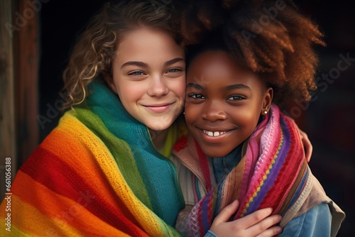 two happy girls, light-skinned and African-American, teenage, dressed in rainbow flag