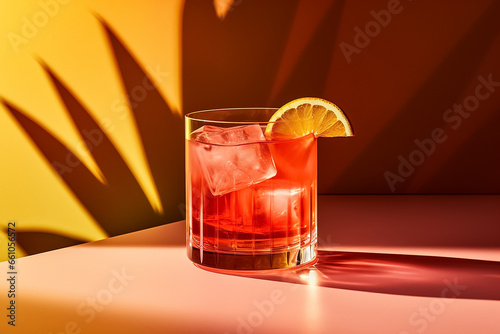 The fresh fruit juice is made from lemon, cherry, and citrus in a short ponty glass decorated by sliced lemon and cherries on a pink background with the plant's silhouette. Generative AI. photo
