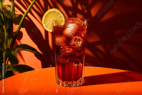 The fresh fruit juice is made from lemon, cherry, and citrus in a short ponty glass decorated by sliced lemon and cherries on a pink background with the plant's silhouette. Generative AI. photo