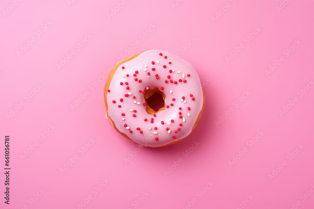 Strawberry donut with icing on pastel pink background. Sprinkled sweet and colourful glazed doughnut. Flat lay food concept	 - obrazy, fototapety, plakaty 