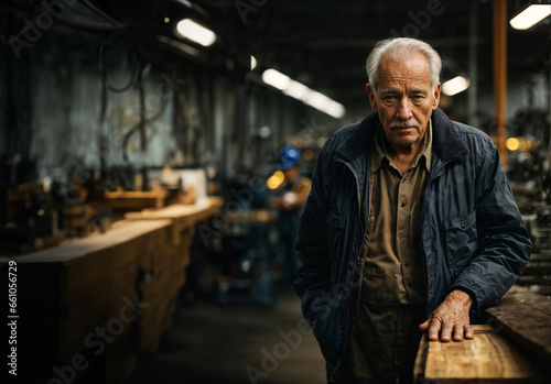 Senior man in workshop, employment challenges for older workers, aging workforce concept, Mature man working in workshop, employment difficulties for older workers, Generative AI