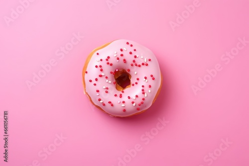 Strawberry donut with icing on pastel pink background. Sprinkled sweet and colourful glazed doughnut. Flat lay food concept	 photo