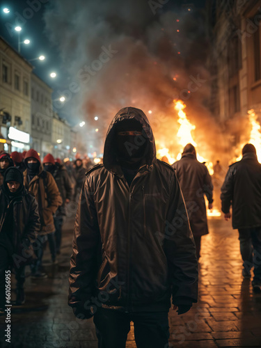 Symbolic image depicting riots on city streets  fire and destruction  dramatic photo illustrating city riots  flames and chaos  social unrest concept. Generative AI