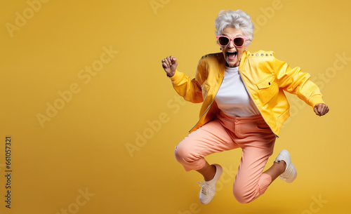 Happy senior woman exciting overflowing with energy and joy. Elderly crazy woman cheerful screaming and jumping celebrating success on yellow background
