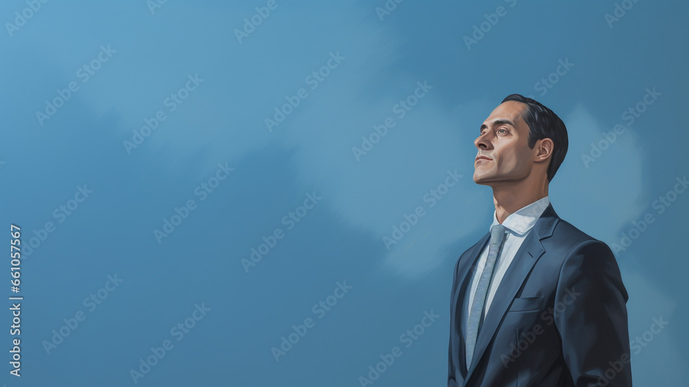 Portrait of smiling handsome confident businessman or investor on blue background copy space