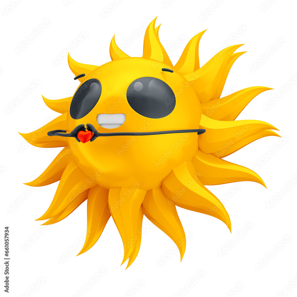 3D sun character. Happy yellow sun emoji with smiling face, 3d render