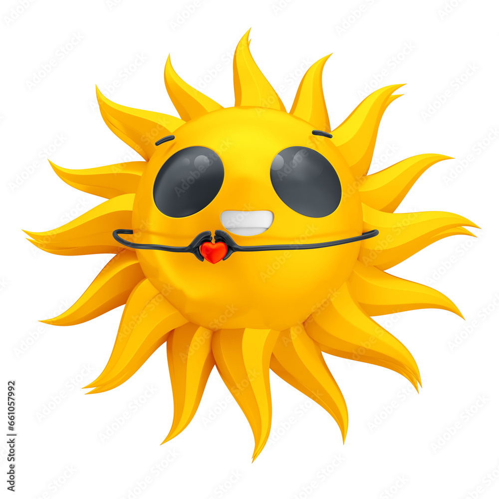 3D sun character. Happy yellow sun emoji with smiling face, 3d render