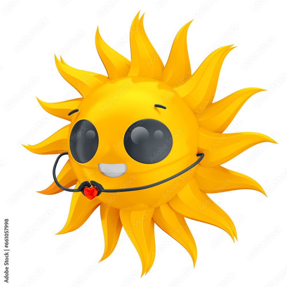 3D sun character. Happy yellow sun emoji with smiling face, 3d render