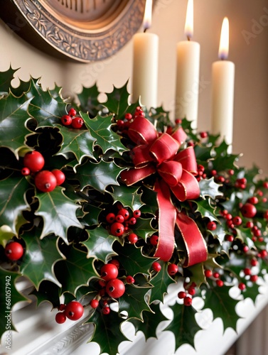 Photo Of Christmas Boughs Of Holly On A Mantle