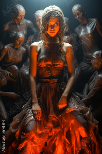 Dramatic visualization of a woman in red dress surrounded by ghostly demons in darkness.