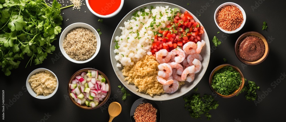 A vibrant flat lay, exploring Peruvian cuisine with fresh ceviche and nutritious quinoa, beautifully laid out with intentional empty space for diverse application.