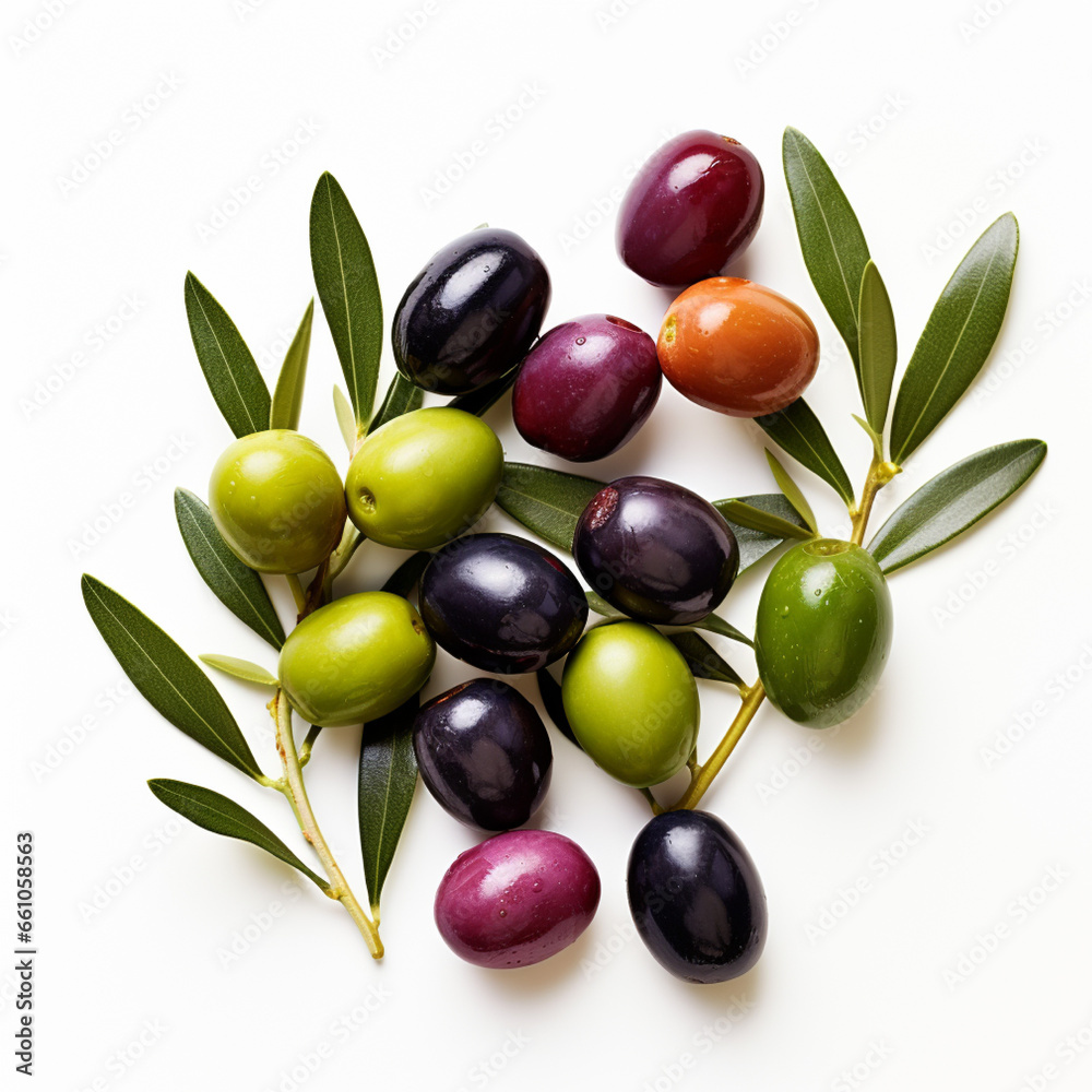 Olives with green and black olives on white background close up Olives with green and black olives on white background close up