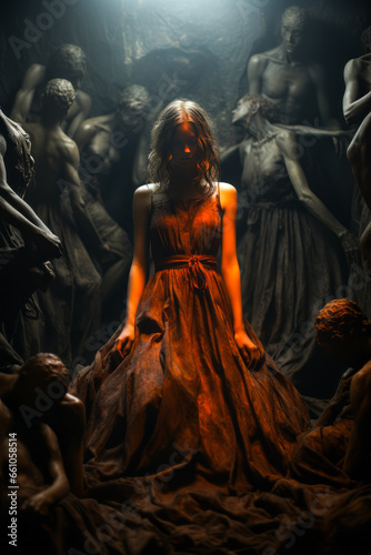 Dramatic image of a woman in red dress, surrounded by shadowy demons.