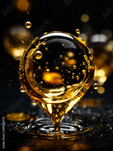 Gold liquid drop splashing, abstract close up macro shot of oil, beer, tea, vitamins, champagne, cosmetics droplets, realistic bubbles dark, black background, banner. Generative AI.