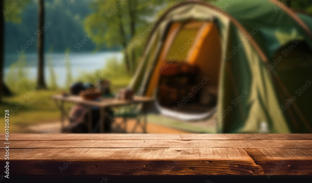 Wooden table top on blur tent camping travel tent and grass field.Fresh and Relax concept.For montage product display or design key visual layout.View of copy space. - obrazy, fototapety, plakaty 