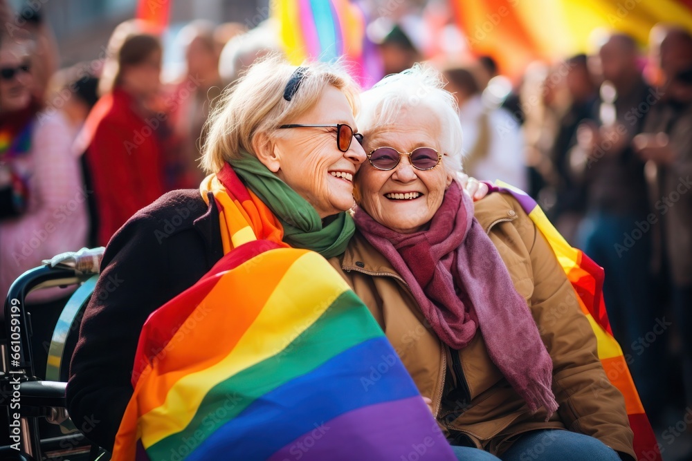 Amidst a bustling demonstration, two elderly lesbian women with gray hair, in love Amidst a bustling demonstration, two elderly lesbian women with gray hair, in love
