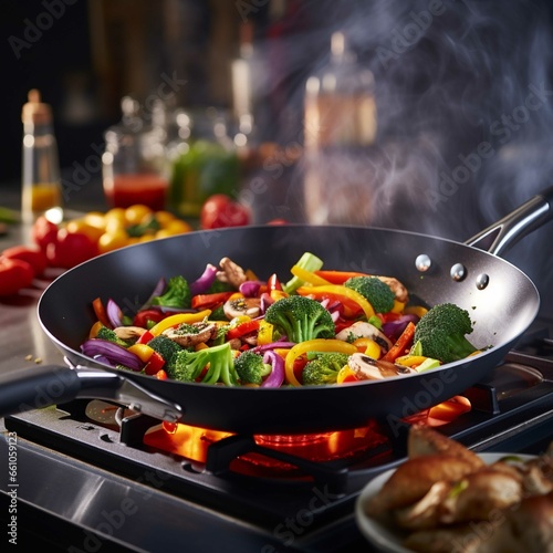 Stir fry vegetables in a wok on a gas stove