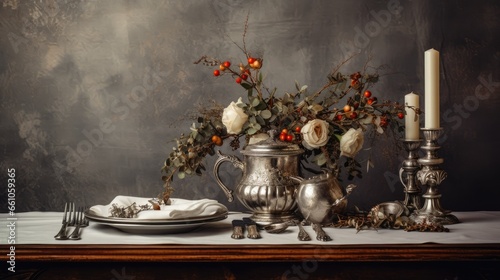Autumn classic table setting with vintage silverware, candles and flowers. ai generative