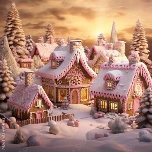 Christmas gingerbread houses in the snow. 3D illustration. Toned.