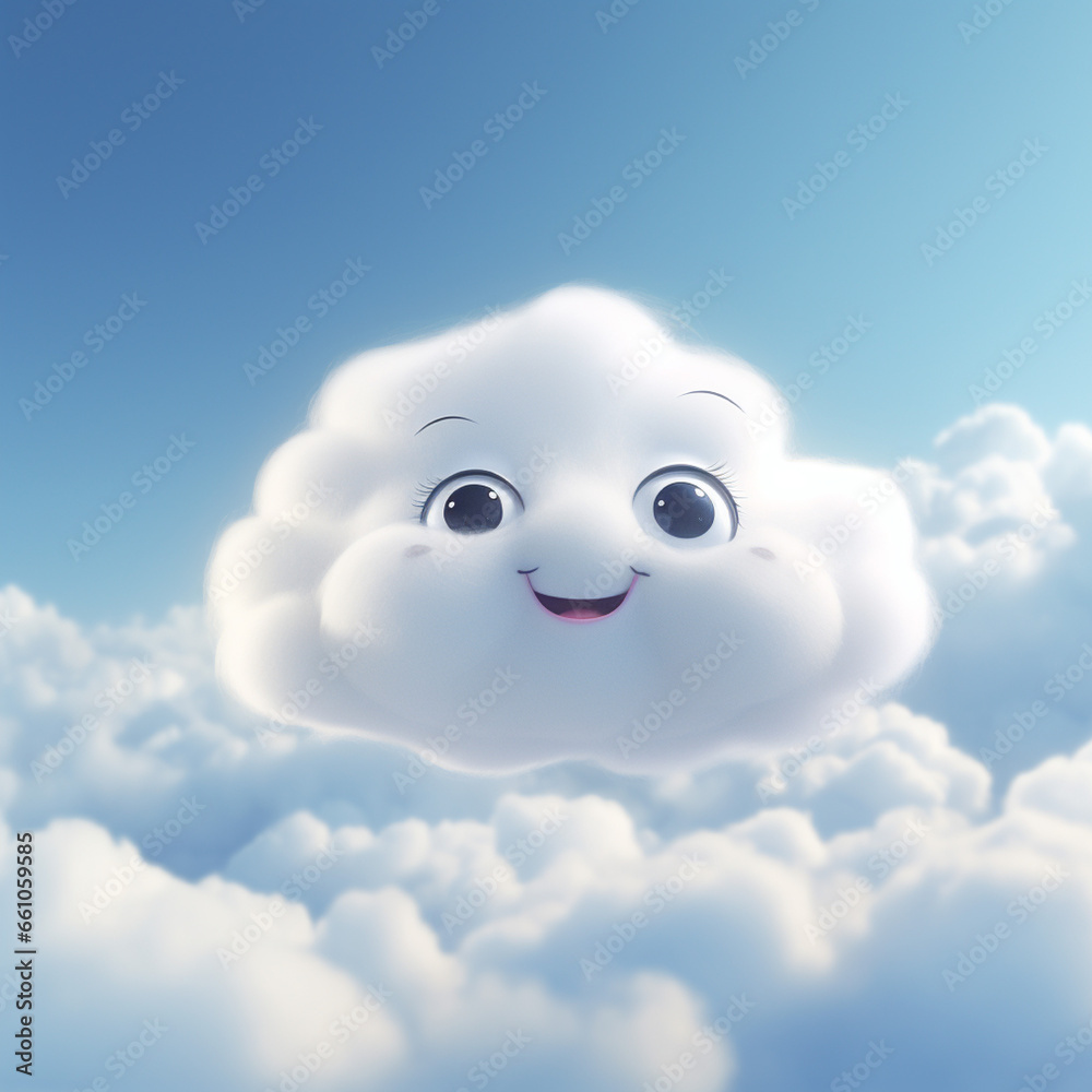 Obraz premium Illustration of a cute cartoon cloud on a blue sky background.