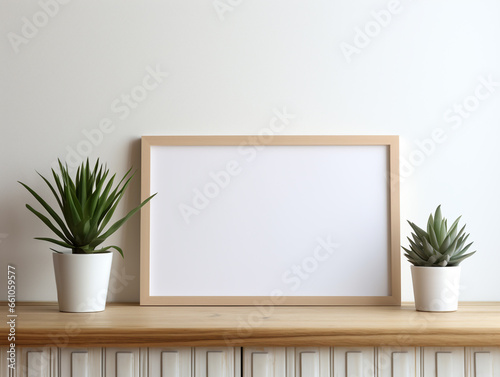 A blank mock-up frame made of wood. Included with minimalist and natural modern deco. 