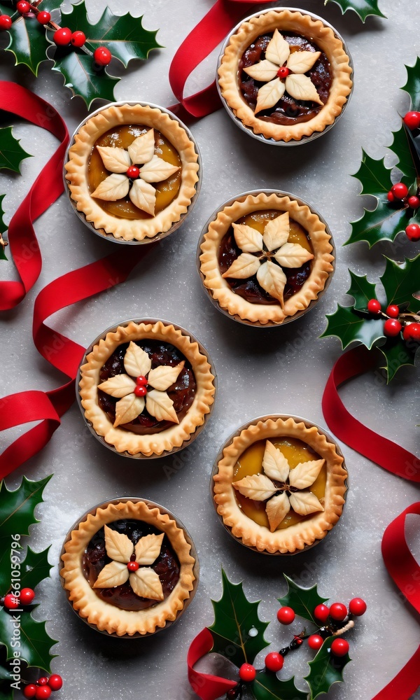 Photo Of Christmas Mince Pies Surrounded By Holly Leaves Photo Of Christmas Mince Pies Surrounded By Holly Leaves