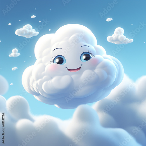 Illustration of a cute cartoon cloud on a blue sky background. © Samira