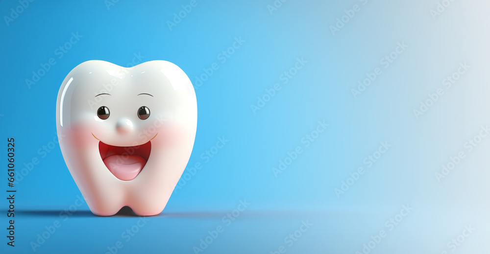 Fun toy white tooth isolated on light blue background with copy space. Oral hygiene concept for dentistry clinic. Fun toy white tooth isolated on light blue background with copy space. Oral hygiene concept for dentistry clinic.