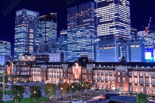 東京駅と高層ビル群の夜景（クール調） photo