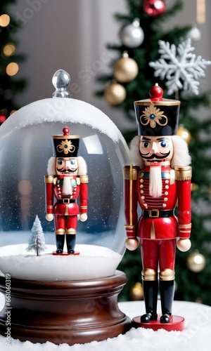 Photo Of Christmas Nutcracker Standing Next To A Snow Globe