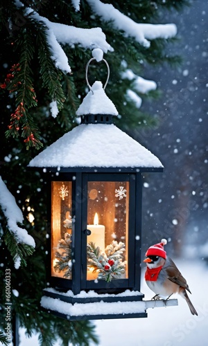 Photo Of Christmas Lantern Illuminating A Snowy Birdhouse © Pixel Matrix