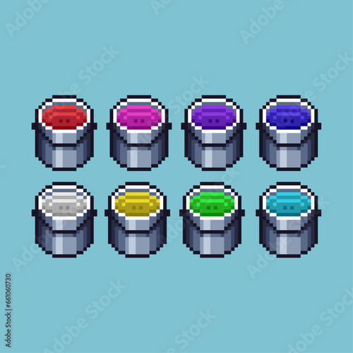 Pixel art sets of bucket of paint with variation color item asset. Simple bits of colored paint on pixelated style. 8bits perfect for game asset or design asset element for your game design asset.